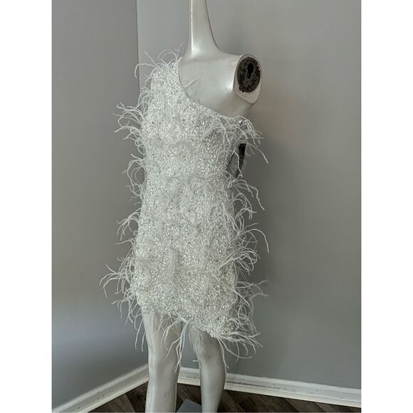 Retrofete One Shoulder Sina Ostrich Feather Bodycon Mini Dress White Small $895 - Picture 9 of 15